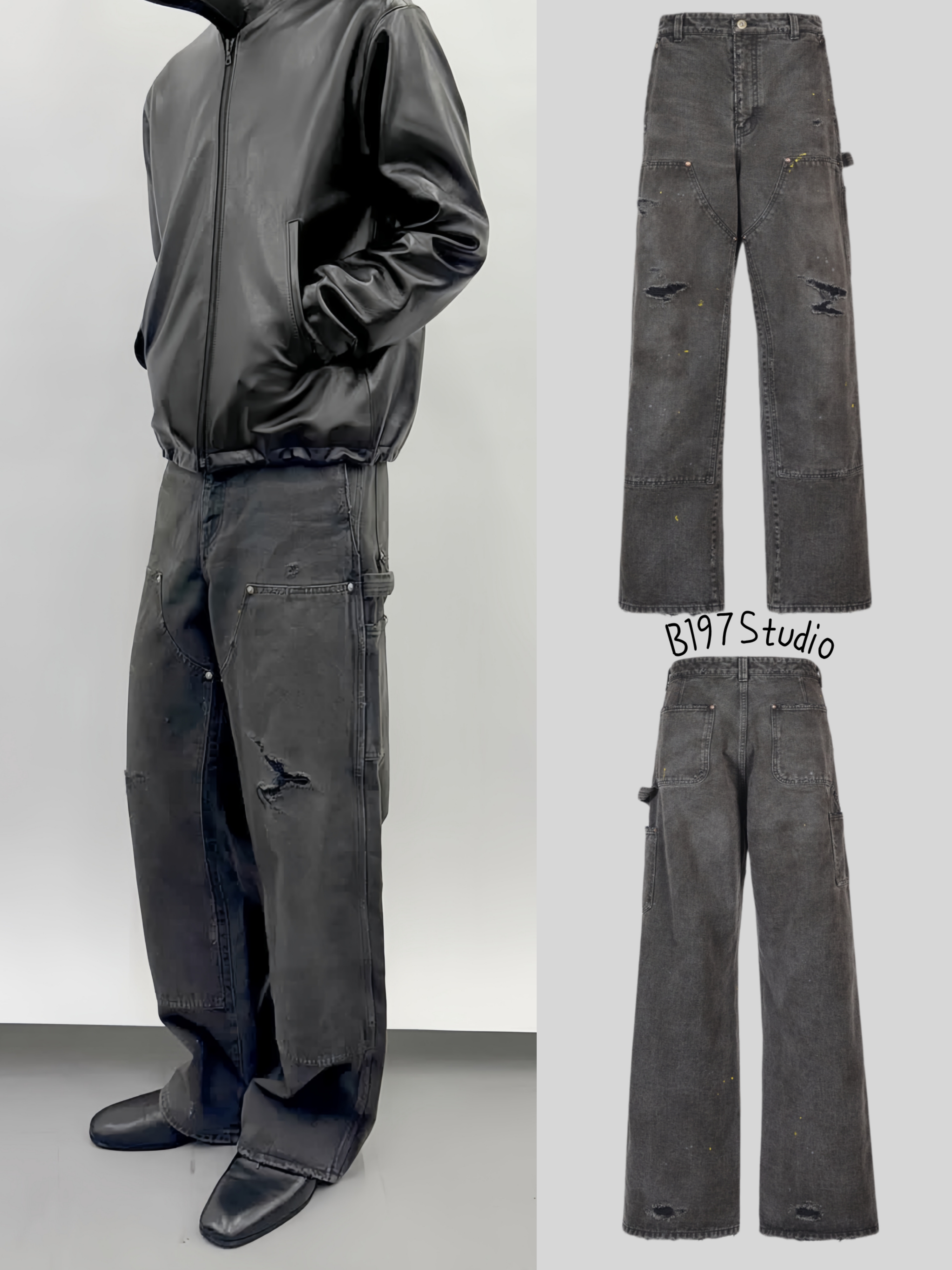 thumbnail for Vujade 10-Gunther knee-ripped distressed pants yarn-dyed denim casual washed straight casual cargo pants