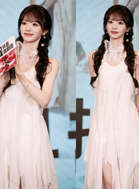 田曦薇同款连衣裙蝴蝶结无袖不规则高级感修身显瘦气质仙女长裙子