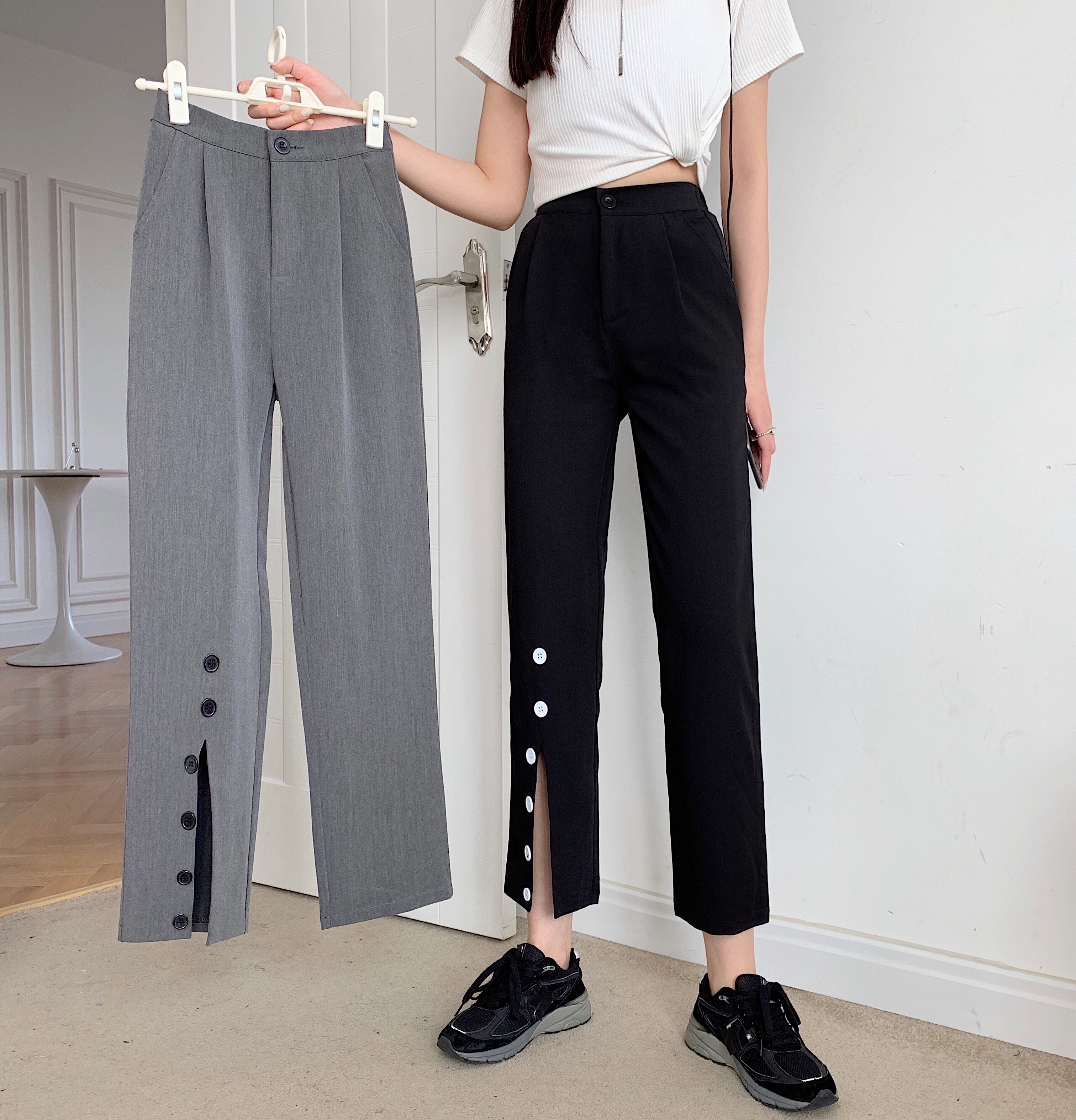 Real photo split suit pants high waist small pants children Xia xianshou loose straight pants trendy straight pants