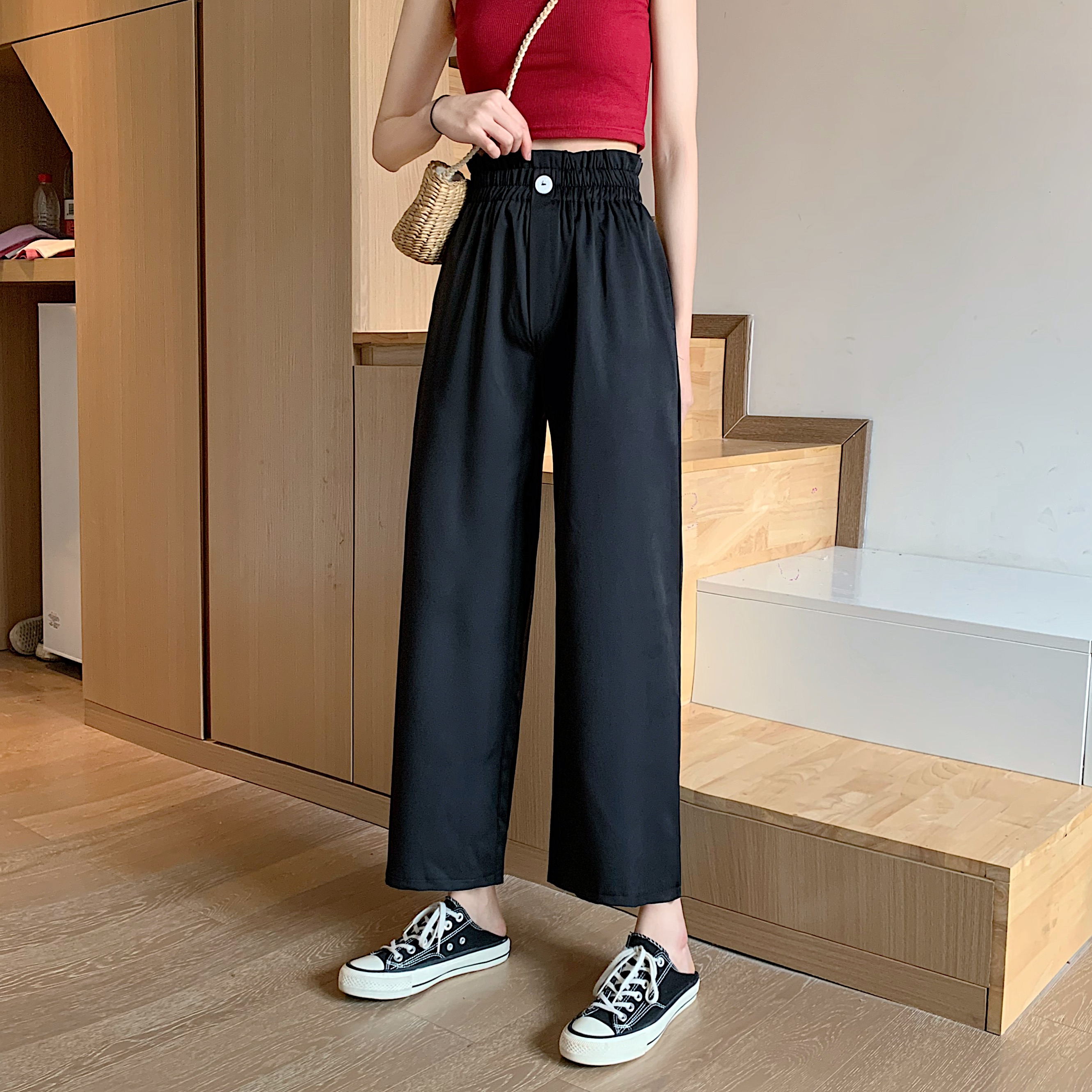 Real photo, real price, new summer high waist, thin style, falling feeling, all kinds of layering, solid color, wide leg pants, casual Capris