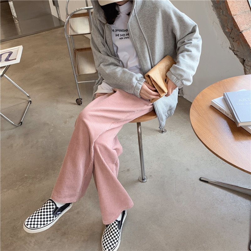 Real price corduroy casual pants women's new loose high waist pink straight pants show thin versatile pants