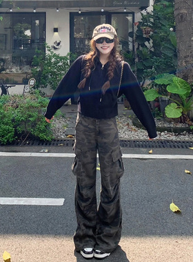 美式复古迷彩工装裤女多口袋高腰宽松显瘦直筒裤子高街阔腿牛仔裤