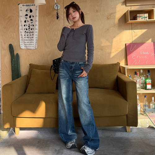 美式复古牛仔裤女低腰显瘦阔腿裤