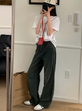 高腰直筒牛仔裤女2025春季新款复古垂感宽松显瘦水泥灰拖地阔腿裤