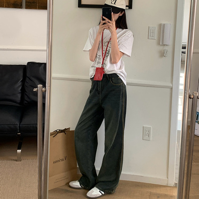 高腰直筒牛仔裤复古垂感阔腿裤