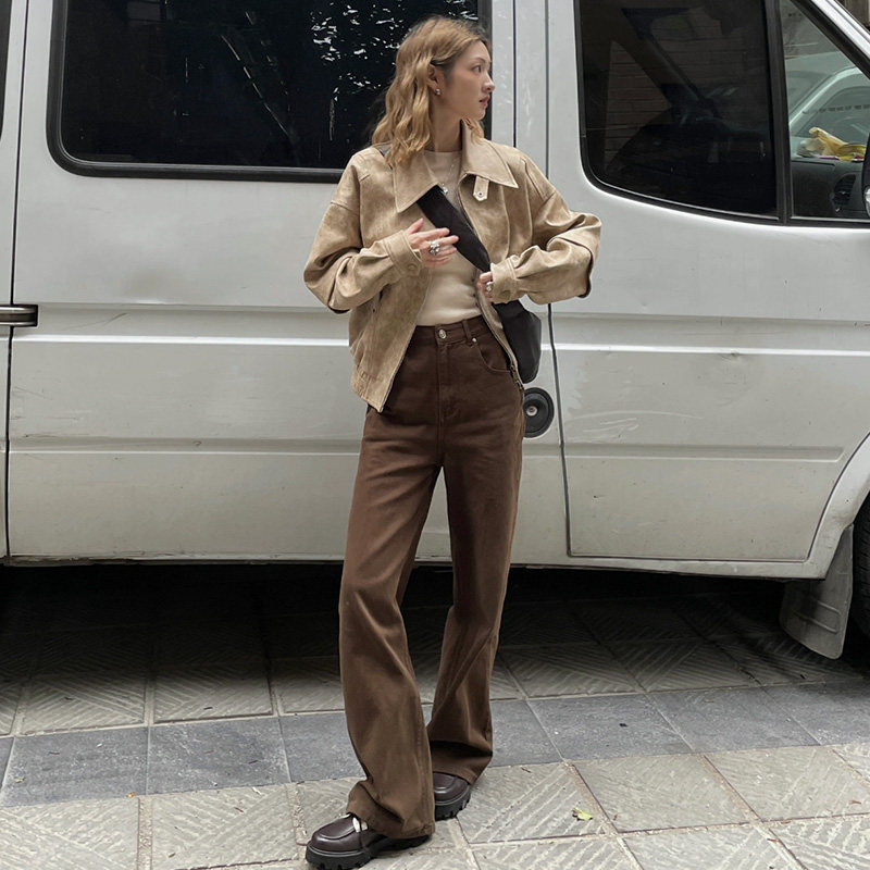 棕咖色直筒牛仔裤美式复古阔腿裤