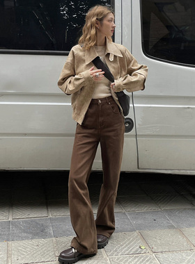 棕咖色直筒牛仔裤女秋冬季美拉德高腰宽松显瘦美式复古窄版阔腿裤