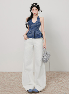 白色阔腿牛仔裤女2025秋季低腰宽松显瘦休闲直筒裤弹力垂感拖地裤