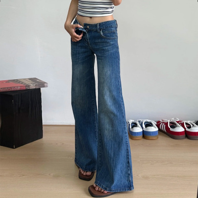 美式复古微喇低腰牛仔裤阔腿显瘦