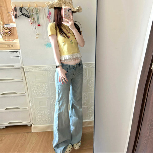 低腰美式复古牛仔裤浅蓝色微喇裤