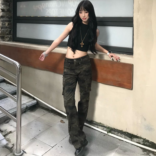 美式复古微喇迷彩工装裤弹力修身