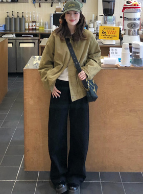 黑色阔腿牛仔裤女秋冬季加绒加厚小个子高腰宽松显瘦直筒裤拖地裤