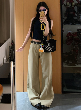 美式低腰微喇牛仔裤女2026春夏季宽松显瘦不贴腿卡其色休闲拖地裤