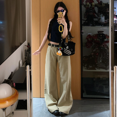 美式低腰微喇卡其色牛仔裤不贴腿