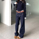 女2025秋季 新款 高腰宽松显瘦深蓝色丹宁复古窄版 直筒牛仔裤 阔腿裤