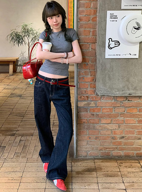 丹宁蓝美式高腰牛仔裤女秋冬季加绒弹力显瘦深蓝小个子窄版直筒裤