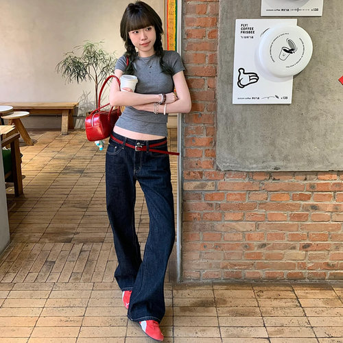 丹宁蓝美式高腰牛仔裤窄版直筒裤