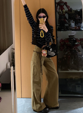 美式复古阔腿牛仔裤女秋季中腰宽松显瘦工装裤卡其色休闲直筒裤子