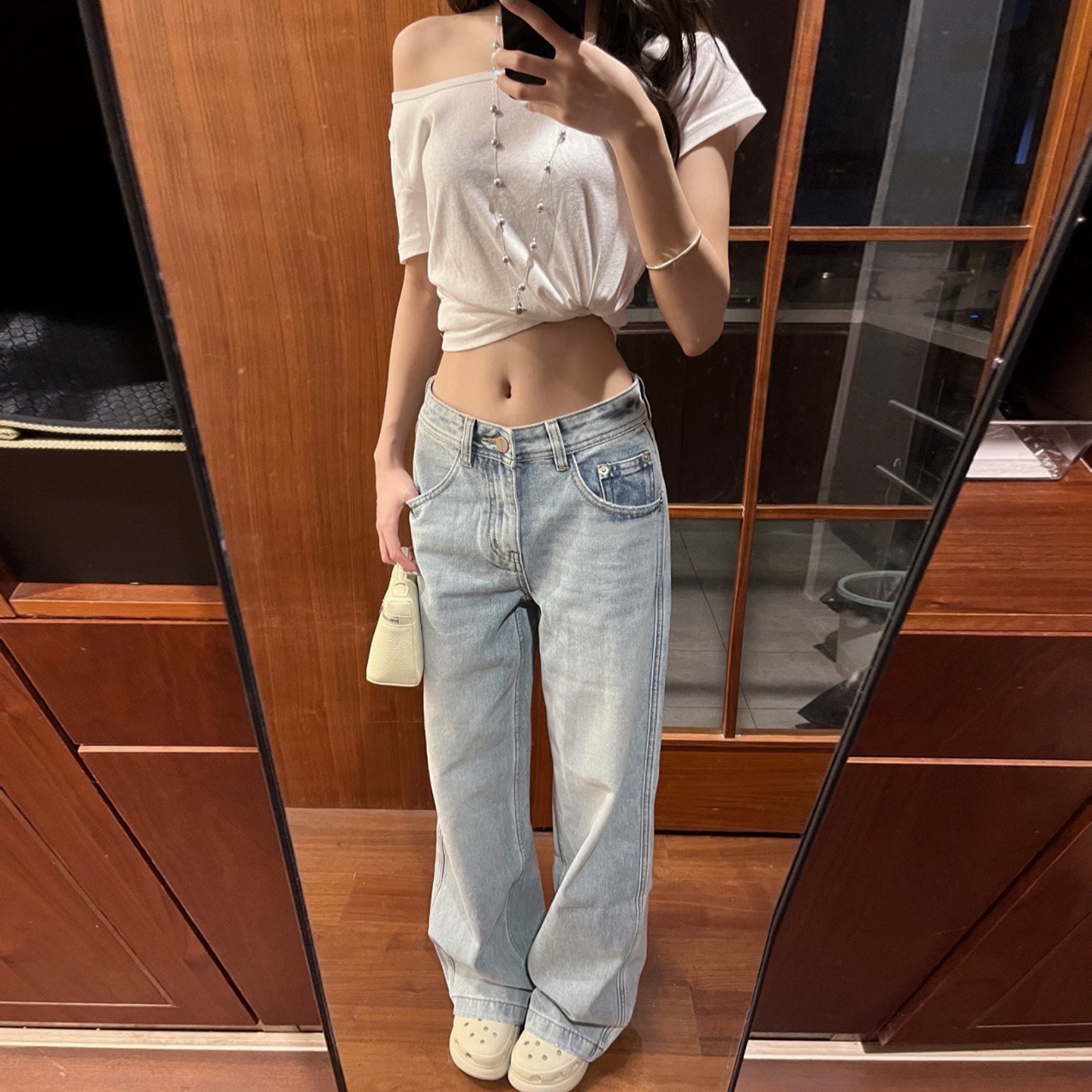 美式复古浅蓝牛仔裤女秋季低腰辣妹窄版阔腿裤水洗宽松显瘦直筒裤