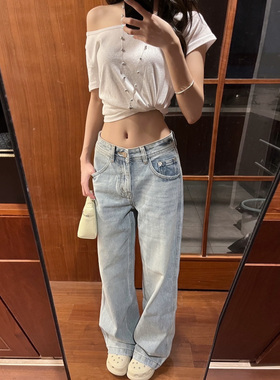 美式复古浅蓝牛仔裤女秋季低腰辣妹窄版阔腿裤水洗宽松显瘦直筒裤