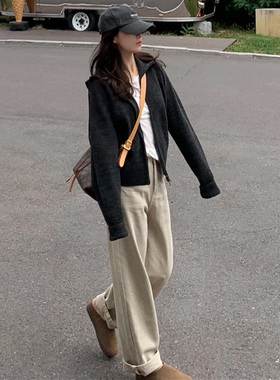 卡其色直筒牛仔裤女窄版阔腿裤秋季新款高腰显瘦宽松杏色拖地裤子