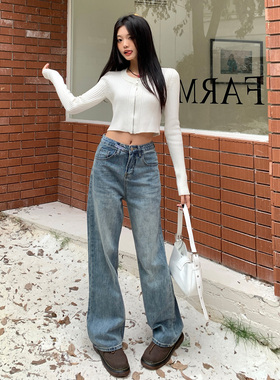 高腰直筒牛仔裤女2025秋冬季宽松显瘦复古蓝色窄版阔腿裤拖地裤