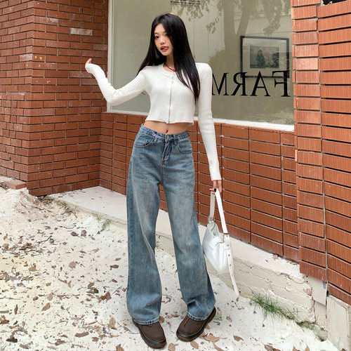 高腰直筒牛仔裤女复古蓝色阔腿裤