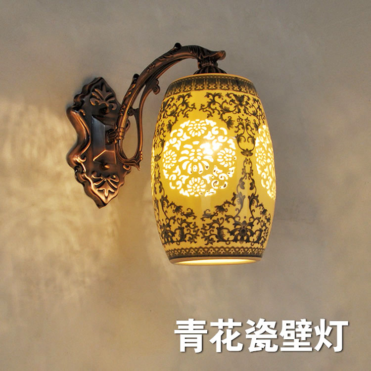 中式陶瓷青花壁灯现代景德镇卧室床头灯仿古客厅玄关过道书房壁灯