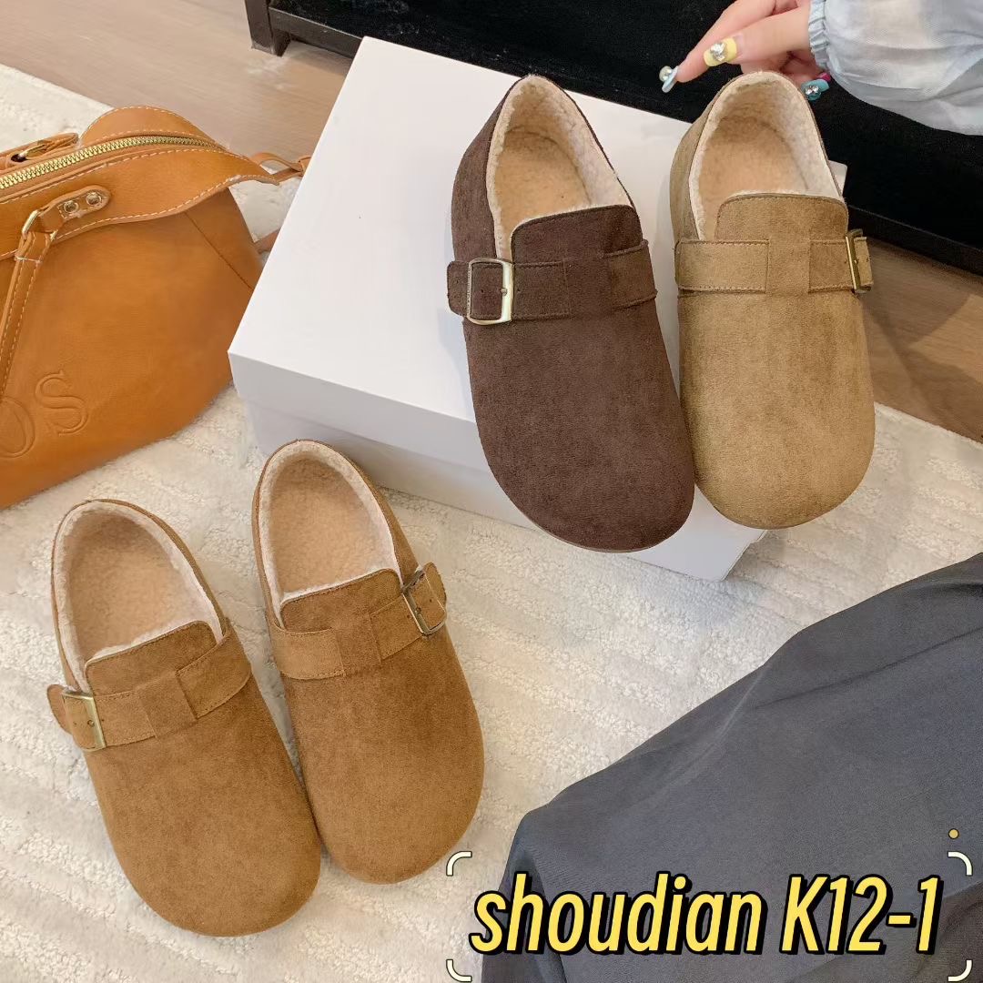 2025冬季新款绒面加绒平底保暖女鞋软底百搭勃肯鞋一脚蹬鞋K12-1