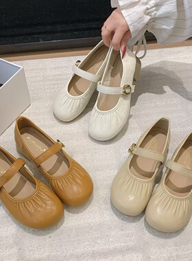 3厘米舒适玛丽珍搭扣单鞋女2026夏季褶皱软底浅口单鞋豆豆鞋3506