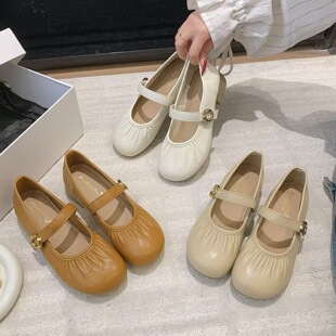 3厘米舒适玛丽珍搭扣单鞋女2026夏季褶皱软底浅口单鞋豆豆鞋3506