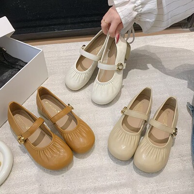 3厘米舒适玛丽珍搭扣单鞋女2026夏季褶皱软底浅口单鞋豆豆鞋3506