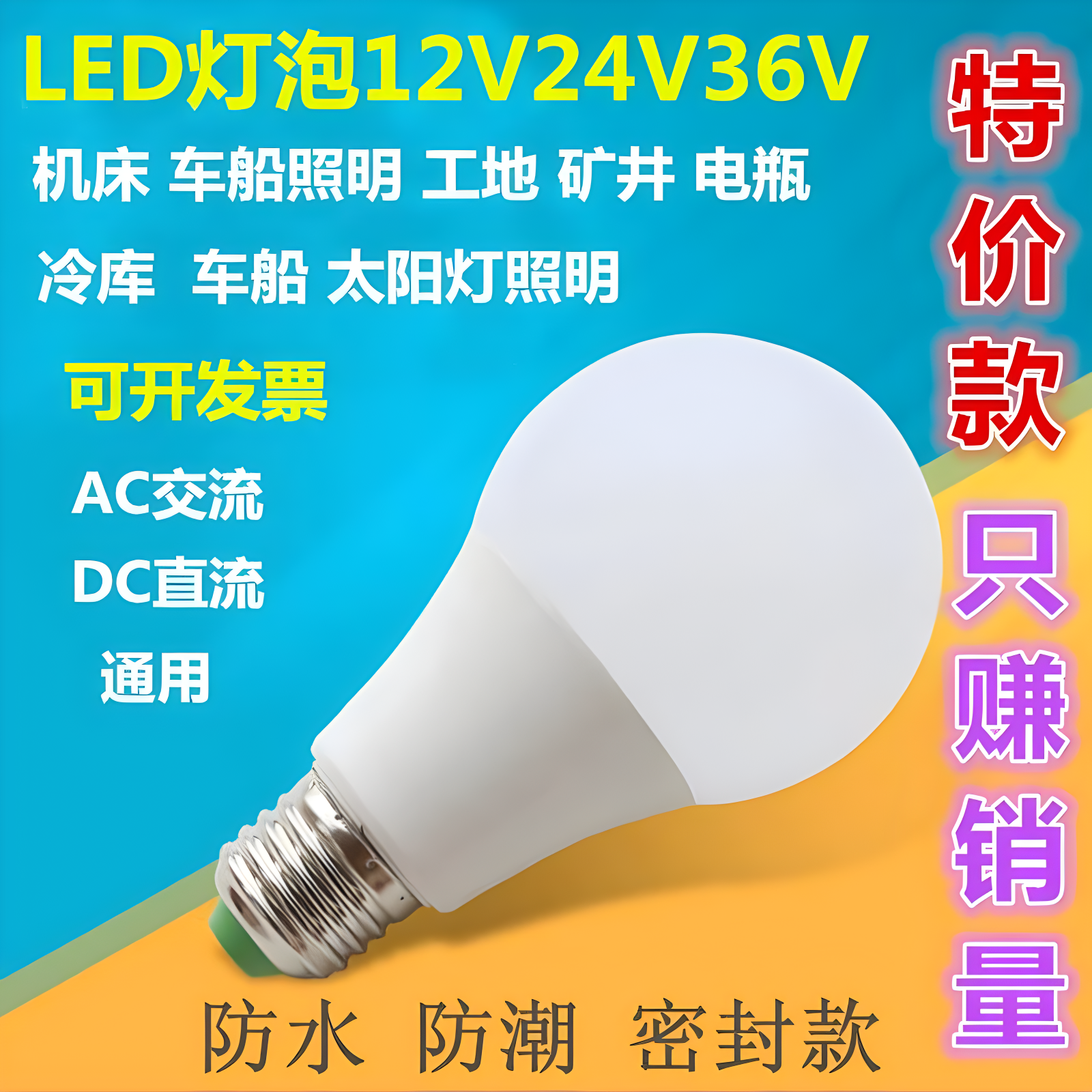 超亮12v24v36v48v防水led灯螺口