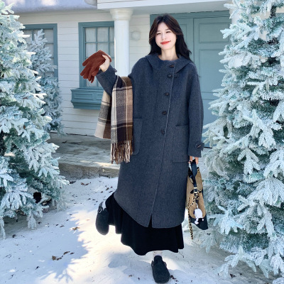 实拍灰色牛角扣连帽双面羊绒大衣2025冬款韩系学院风毛呢长款外套