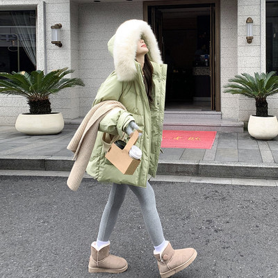 绿色大毛领羽绒棉服女款2025冬季新款小个子时尚休闲韩版加厚外套