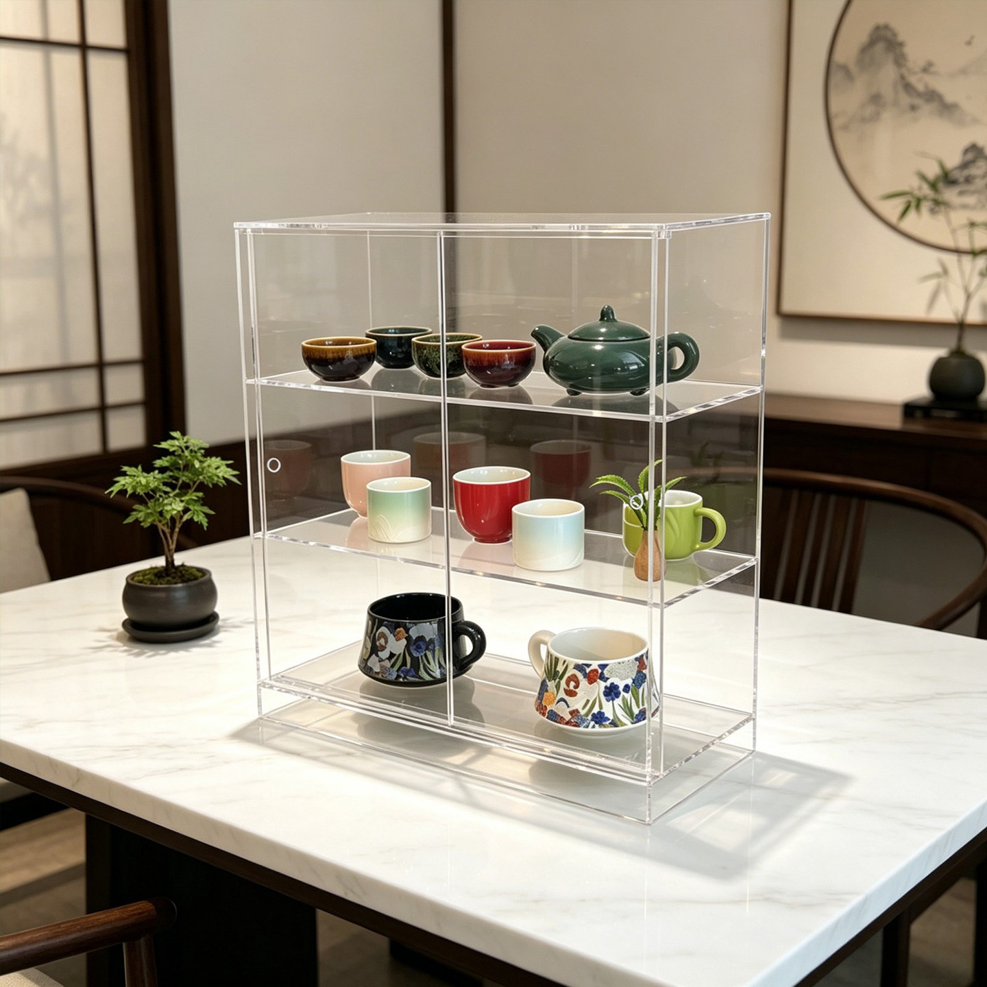 亚克力茶杯收纳柜带门防尘茶具置物架多层透明展示柜推拉门茶杯架