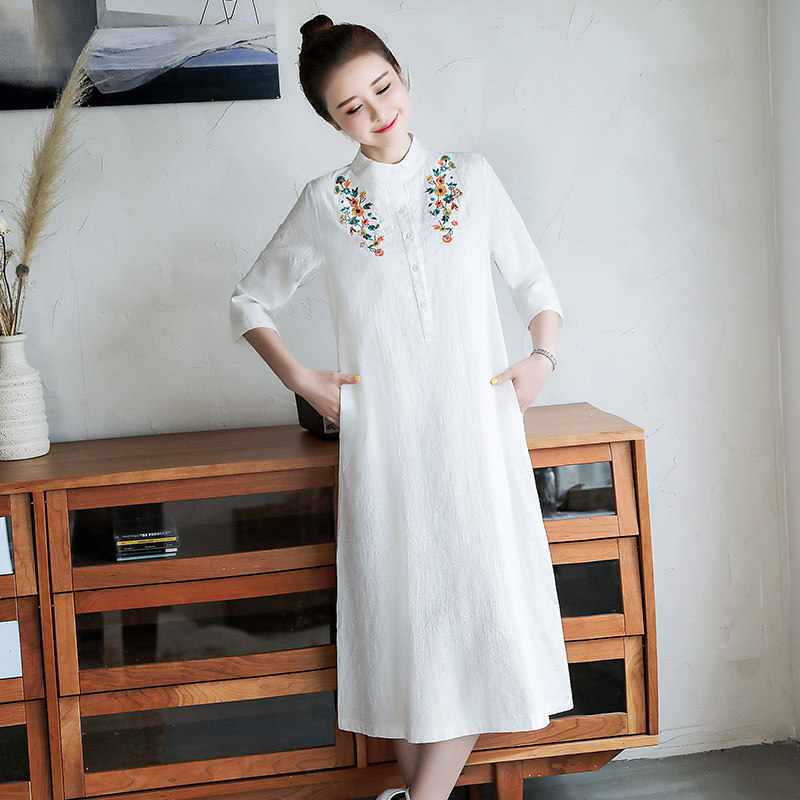 茶服女棉麻连衣裙文艺复古禅意民族中国风七分袖茶艺师服装春夏季