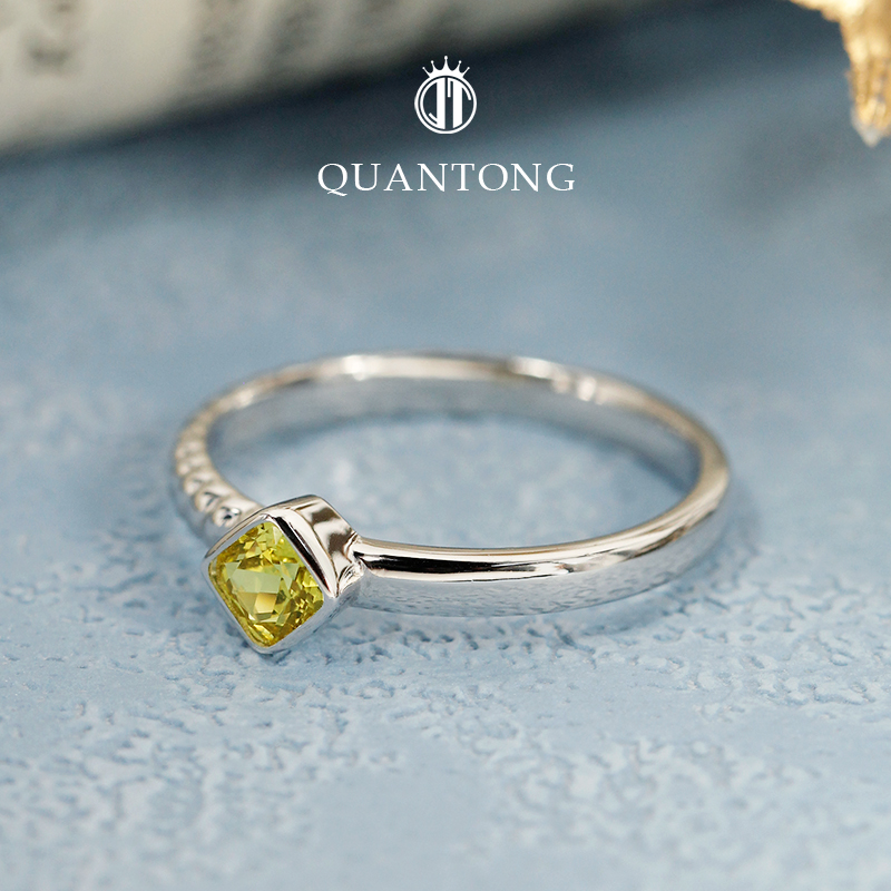 S925银培育方形黄蓝宝戒指简约