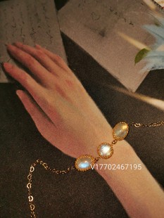 伊里斯美学蓝彩光天然月光石手链女美国14k包金手工绕线裸石手饰