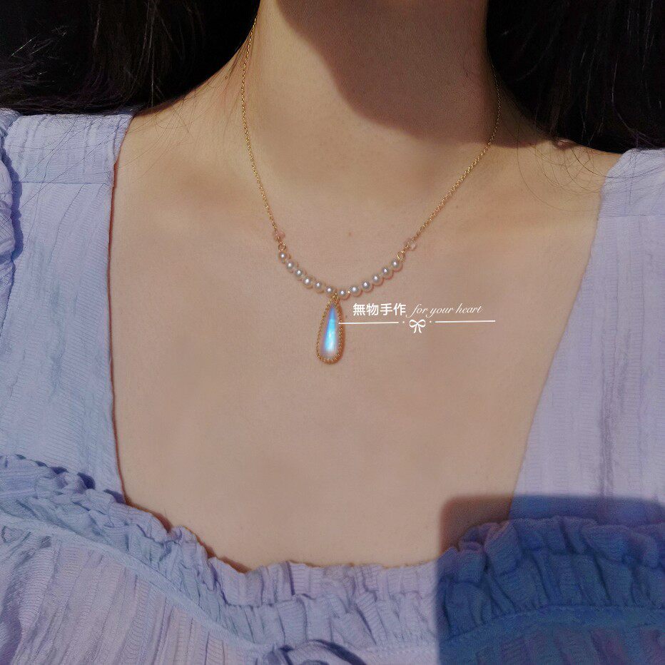 微笑天然月光石包金珍珠项链定制