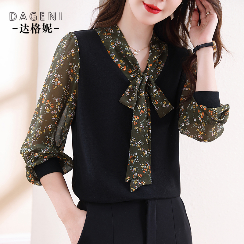 蝴蝶结飘带衬衫女2025春季新款高级感雪纺针织长袖上衣遮肚子小衫