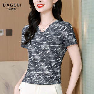 遮肉短袖 2026年新款 t恤弹力网纱上衣 女夏季 高级感V领印花纱衣小衫