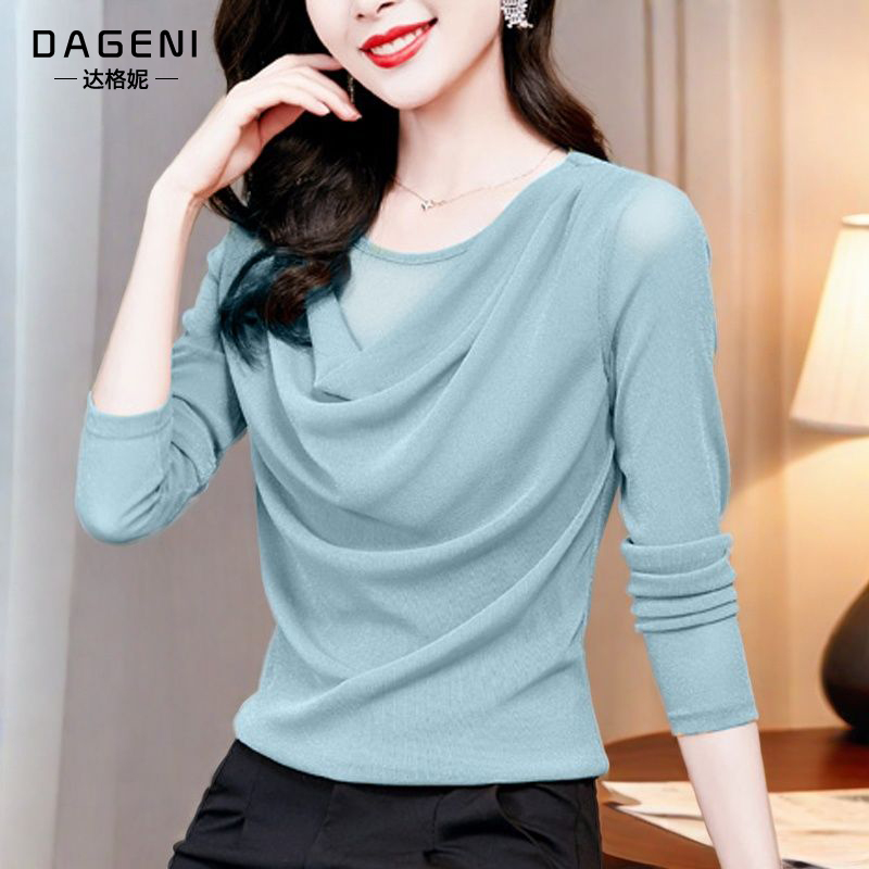 温柔风气质荡领网纱打底衫女秋季2025新款洋气减龄蕾丝衫百搭上衣