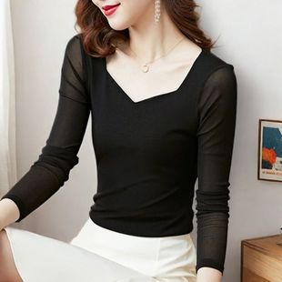 2025秋季新款黑纱漂亮打底衫宽松遮肚子显瘦长袖上衣薄款蕾丝小衫