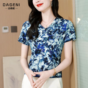 显瘦纱衣小衫 新款 高级感弹力上衣 t恤女2026夏季 冰感V领印花短袖