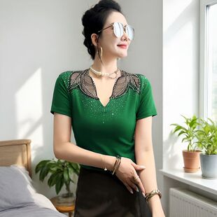 性感V领短袖T恤洋气小衫女款夏季新款时尚烫钻拼接镂空上衣打底衫