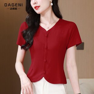 安可拉红棉短袖T恤女2026夏季新款V领收腰显瘦小衫小个子短款上衣