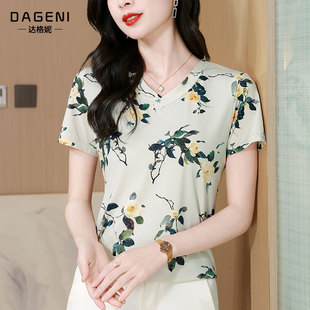 印花网纱短袖 复古V领碎花纱衣小衫 时尚 新款 t恤气质上衣 女2026夏季