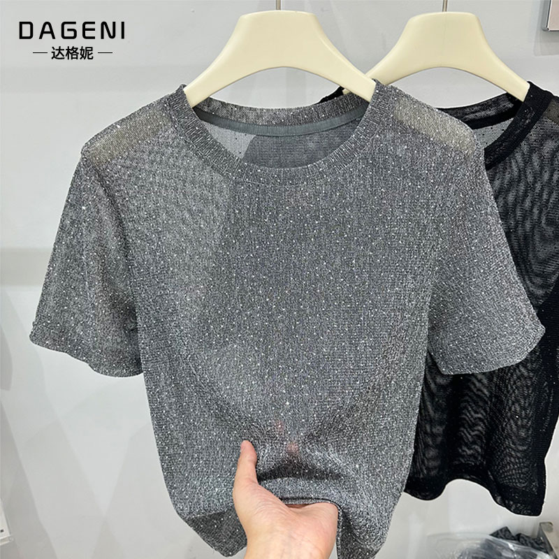微透网纱烫钻短袖t恤女