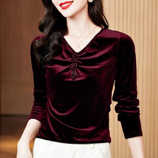 丝绒女上衣内搭打底衫春秋季新款高端富婆低领小衫时尚长袖小衫女
